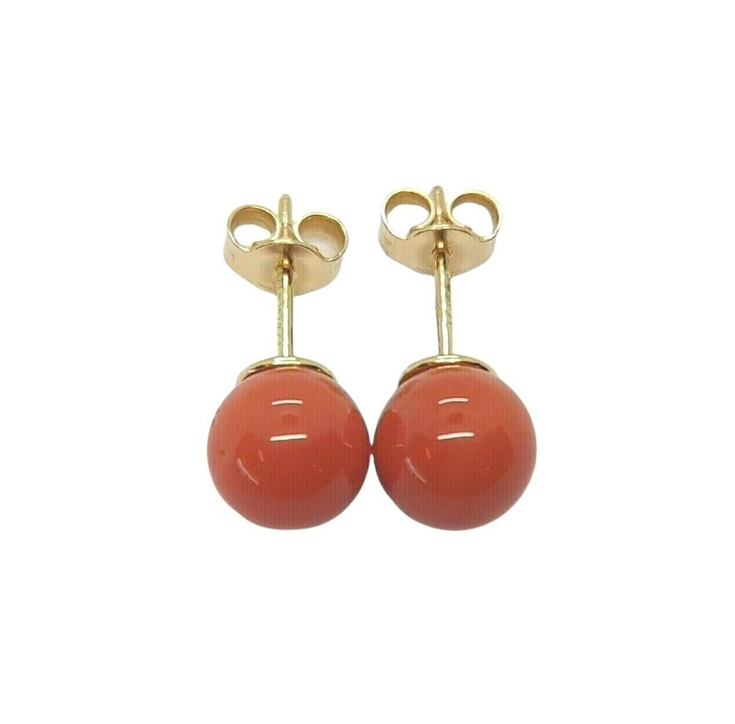 18k yellow gold balls spheres red coral button earrings, 8mm, 0.31 inches.