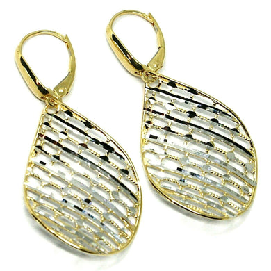 18K YELLOW WHITE GOLD PENDANT EARRINGS ONDULATE WORKED DROP, SHINY, STRIPED.