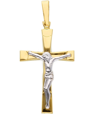 18K YELLOW WHITE GOLD SQUARED SMOOTH CROSS PENDANT, WITH JESUS CHRIST, BIG 40mm.