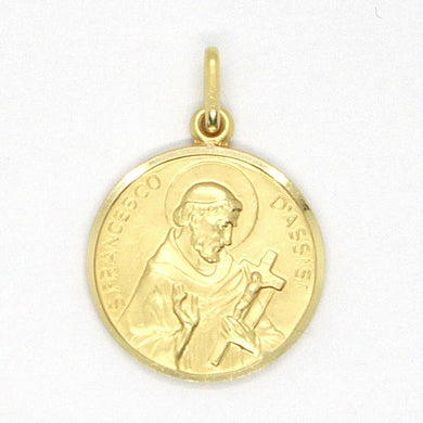 18k yellow gold St Saint Francis Francesco Assisi medal, made in Italy, 15 mm.
