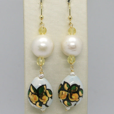 18k yellow gold earrings lemon quartz pearl & ceramic drop hand painted in Italy.