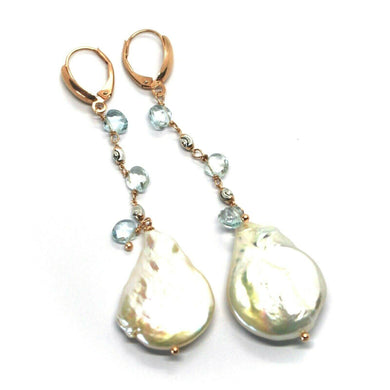 18k rose gold pendant earrings aquamarine drops, big baroque pearls, 8cm 3.15
