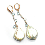 18k rose gold pendant earrings aquamarine drops, big baroque pearls, 8cm 3.15