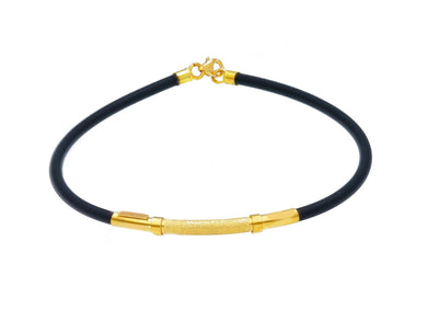 18K YELLOW GOLD BRACELET 3mm ROUND TUBE SMOOTH SATIN PLATE & BLACK RUBBER, 8.3
