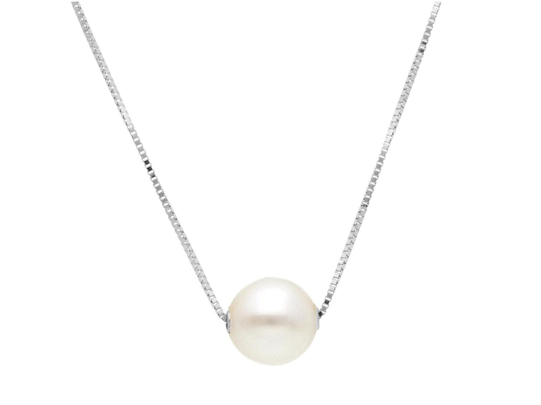 18k white gold necklace, square venetian chain central freshwater pearl 7.5-8mm.