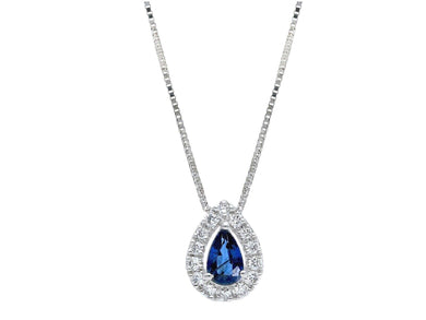 18k white gold necklace 0.25ct sapphire & diamonds drop pendant, venetian chain.