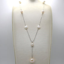 Load image into Gallery viewer, 18k white gold lariat necklace, venetian chain white &amp; peach big pearls 16 mm.
