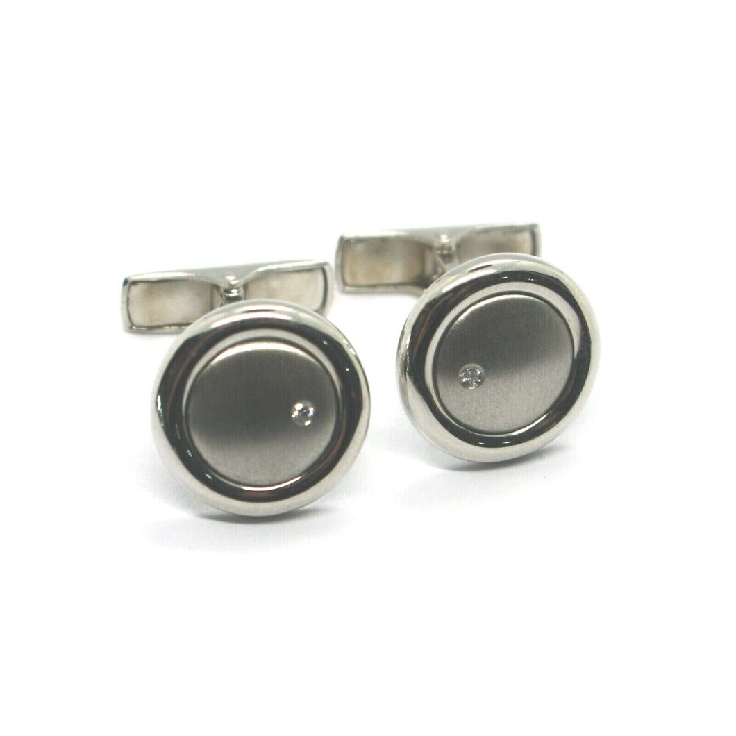 18k white gold cufflinks, rounded button, smooth satin, diamonds made in Italy.