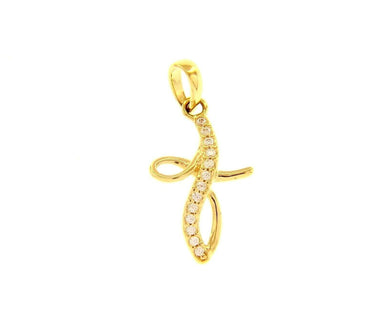 18K YELLOW GOLD 20mm ONDULATE CROSS WITH WHITE ROUND CUBIC ZIRCONIA.