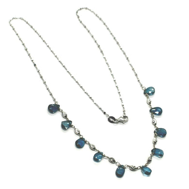 18K WHITE GOLD NECKLACE DROP FACETED LONDON TOPAZ ROLO CUBE CHAIN, FACETED BALLS.