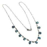 18K WHITE GOLD NECKLACE DROP FACETED LONDON TOPAZ ROLO CUBE CHAIN, FACETED BALLS.