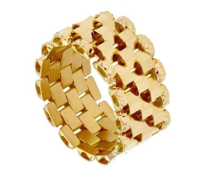 18k yellow gold band chain link cable mesh ring, 5 wires, smooth and hammered.