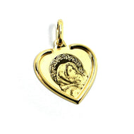 18K YELLOW HEART GOLD MEDAL 19mm VIRGIN MARY AND JESUS, MADE IN ITALY.