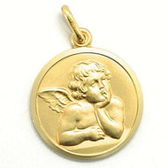 solid 18k yellow gold Guardian Angel big 19mm medal, pendant, very detailed.