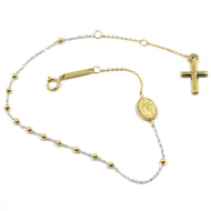 18K YELLOW WHITE GOLD MINI ROSARY BRACELET 1.5 MM SPHERES CROSS MIRACULOUS MEDAL.