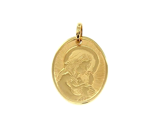 18K YELLOW GOLD PENDANT OVAL MEDAL VIRGIN MARY AND JESUS 18mm ENGRAVABLE