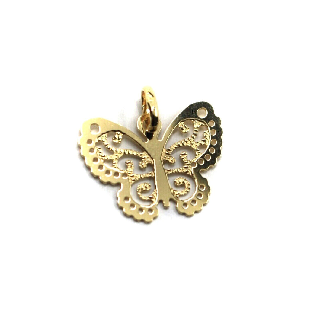 18K YELLOW GOLD FINELY WORKED PENDANT, FLAT BUTTERFLY 15x18mm, MADE IN ITALY.