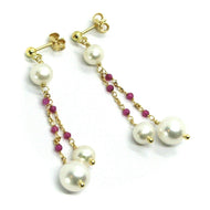 18k yellow gold pendant earrings, double wire fw pearls and red cubic zirconia.