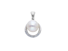 Load image into Gallery viewer, 18k white gold pendant charm round freshwater white pearl 7.5 mm cubic zirconia.
