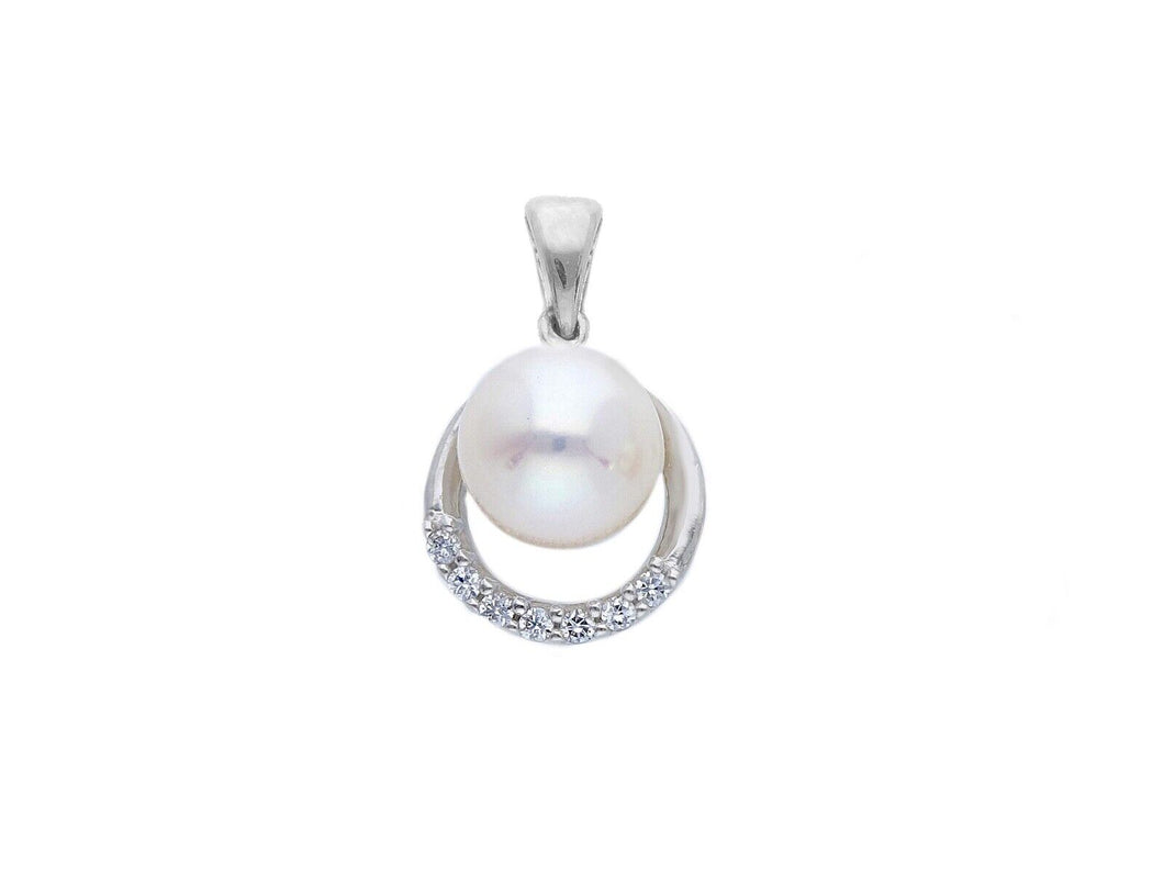 18k white gold pendant charm round freshwater white pearl 7.5 mm cubic zirconia.