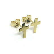 18K YELLOW GOLD EARRINGS SMALL FLAT CROSS, SHINY, SMOOTH, 10mm, MADE IN ITALY.