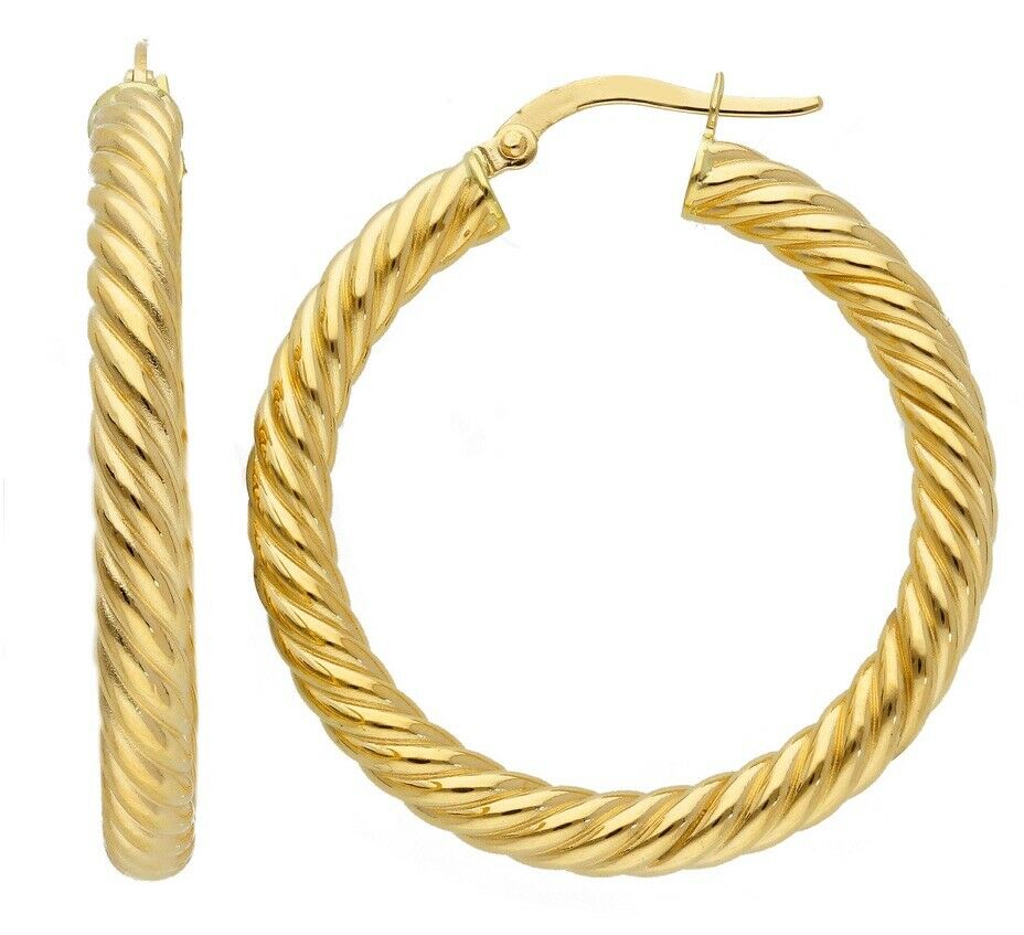 18K YELLOW GOLD HOOPS EARRINGS DIAMETER 30mm, TUBE 4mm STRIPED TWISTED BRAIDED
