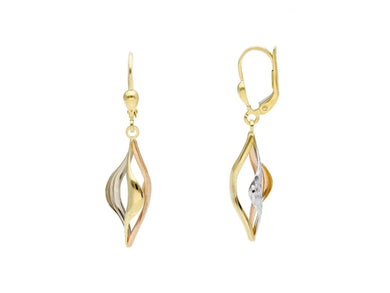 18K YELLOW WHITE ROSE GOLD PENDANT 40mm EARRINGS ONDULATE WORKED TRIPLE OVAL.