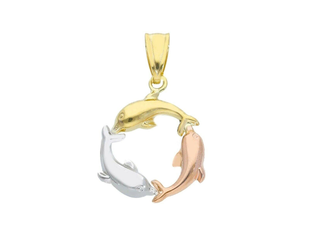18K YELLOW ROSE WHITE GOLD PENDANT, THREE JUMPING DOLPHINS, CIRCLE MADE IN ITALY.