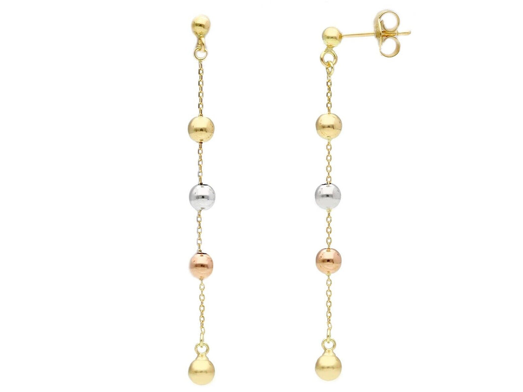 18K YELLOW WHITE ROSE GOLD PENDANT EARRINGS, SMOOTH 4mm SPHERES, LENGTH 55mm.