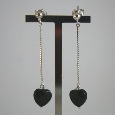 SOLID 18K WHITE GOLD EARRINGS, WITH HEART OF BLACK ONYX, LENGTH 2,09 IN.