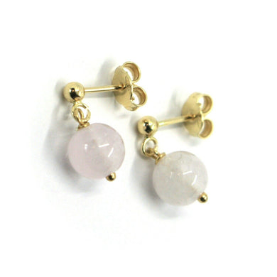 18k yellow gold pendant earrings with 8mm round pink aquamarine sphere.