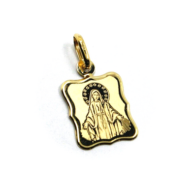 18k yellow gold ondulate satin medal 13x16mm Virgin Mary Madonna flat pendant.