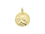 18K YELLOW GOLD PENDANT ROUND MEDAL GUARDIAN ANGEL 15mm ENGRAVABLE.