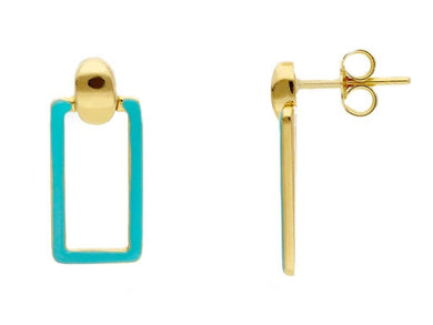 18K YELLOW GOLD TURQUOISE ENAMEL RECTANGULAR 22mm PENDANT TUBE EARRINGS.
