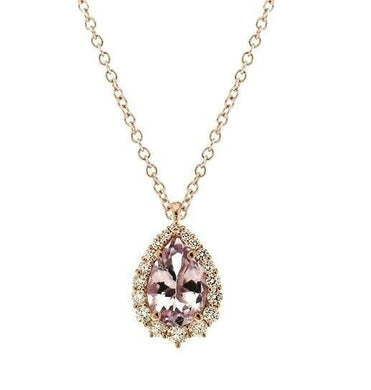 18k rose gold necklace drop morganite & diamonds pendant rolo chain, Italy made.