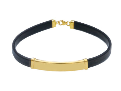 18K YELLOW GOLD BRACELET 6mm RECTANGULAR FLAT SMOOTH PLATE & BLACK RUBBER, 8.3