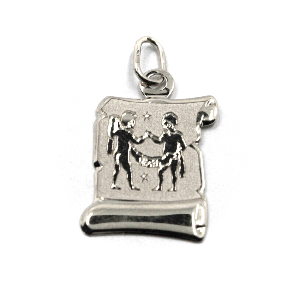 18k white gold parchment medal pendant, 18mm zodiacal sign gemini smooth & satin.
