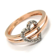 SOLID 18K ROSE GOLD DOUBLE TUBE BAND RING WITH CENTRAL CUBIC ZIRCONIA HEART.