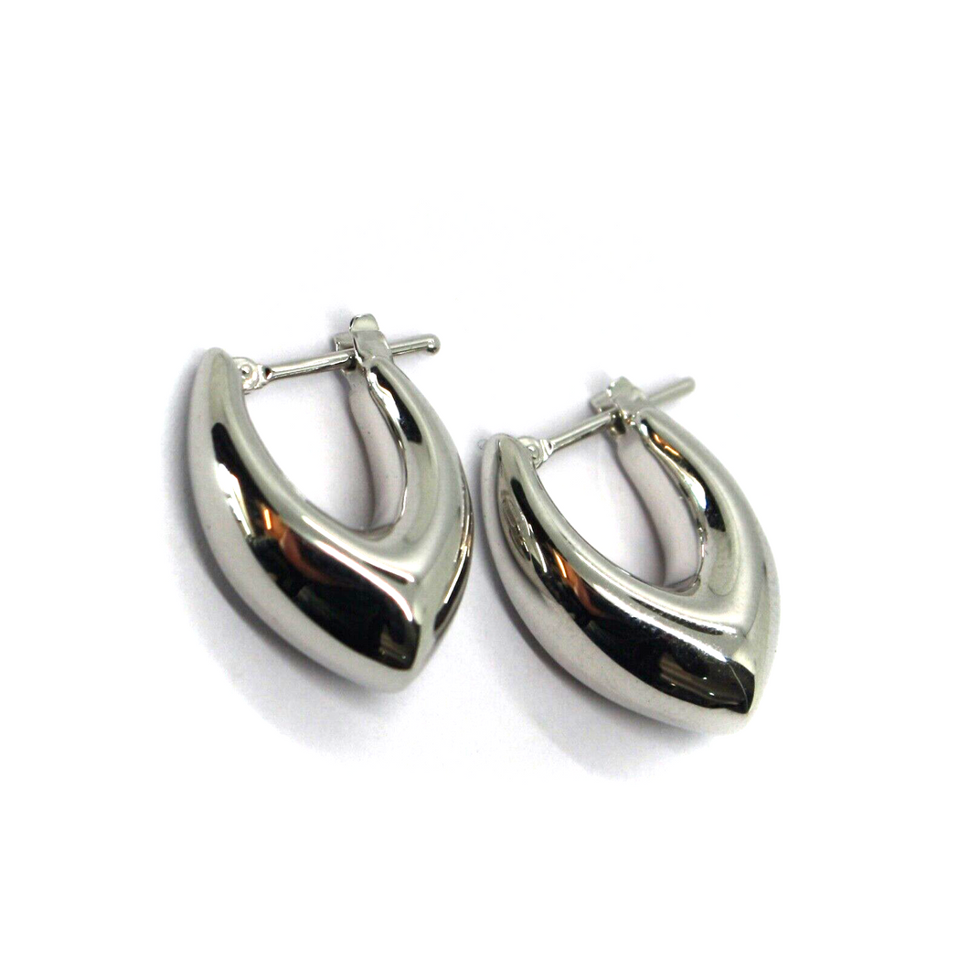 18K WHITE GOLD ROUNDED 7x19mm SMOOTH DROP CIRCLE HOOPS EARRINGS, MADE IN ITALY.