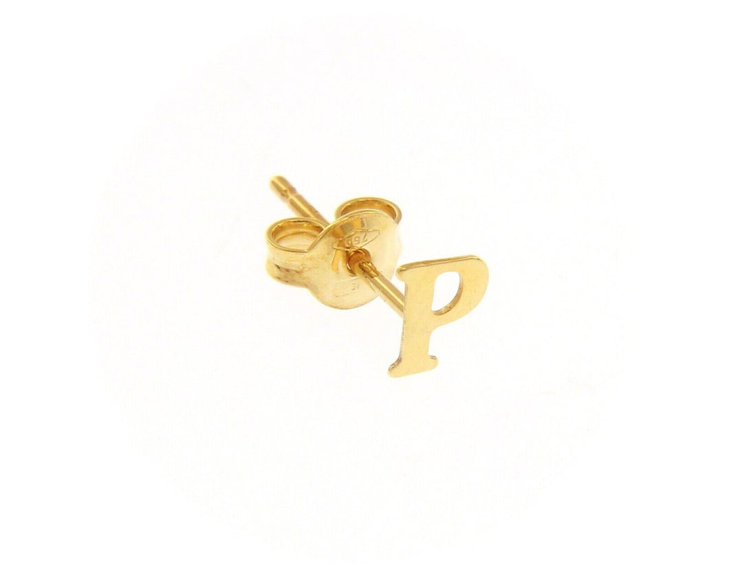 18K YELLOW GOLD BUTTON SINGLE EARRING, FLAT SMALL LETTER INITIAL P 6mm 0.24