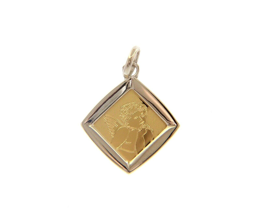 18K YELLOW WHITE GOLD RHOMBUS MEDAL 14mm PENDANT, GUARDIAN ANGEL, MADE IN ITALY