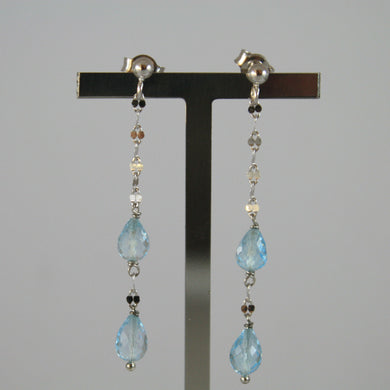 SOLID 18K WHITE GOLD EARRINGS, WITH DROP OF BLUE TOPAZ LENGTH 1.85 INCHES.