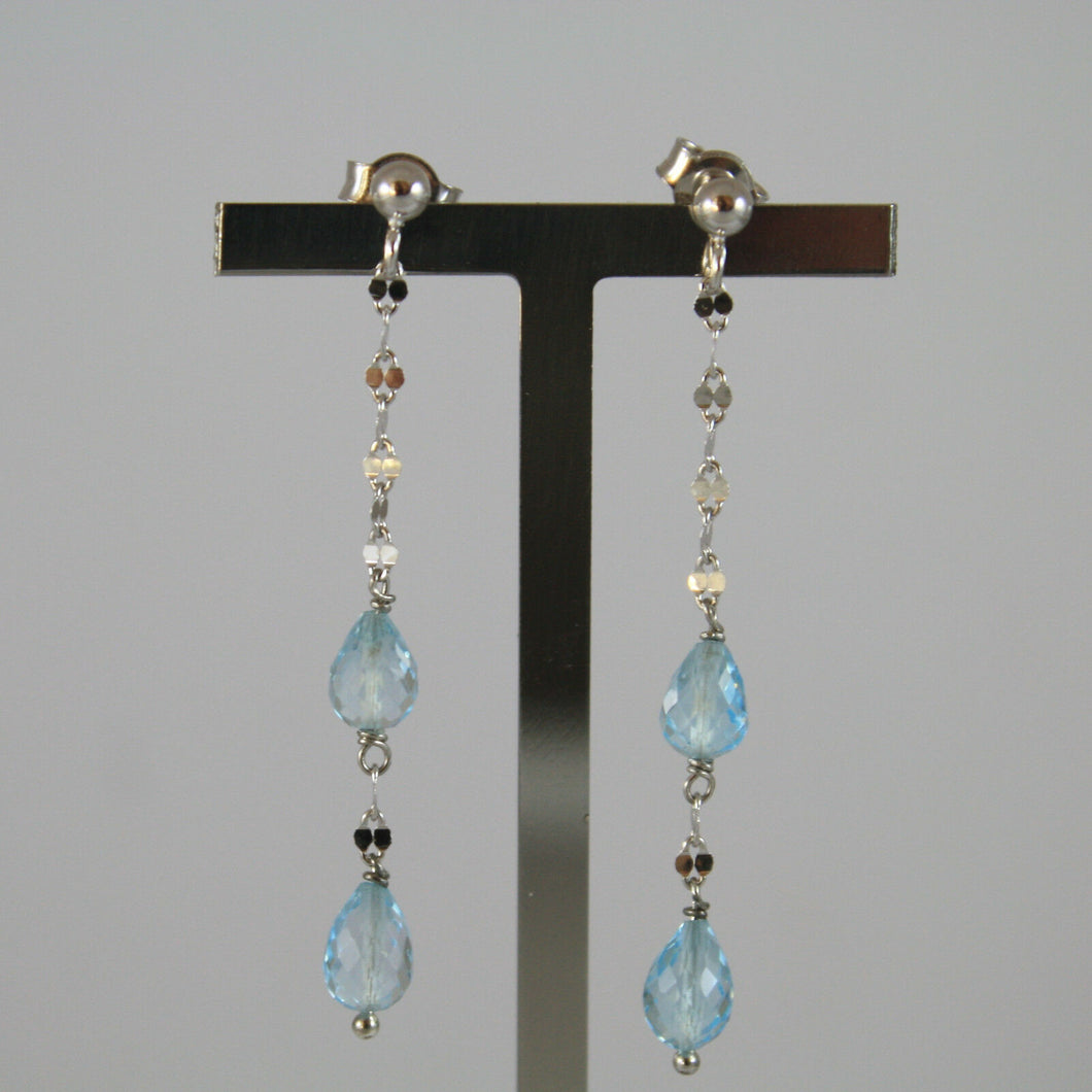 SOLID 18K WHITE GOLD EARRINGS, WITH DROP OF BLUE TOPAZ LENGTH 1.85 INCHES.