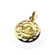 18K YELLOW GOLD ROUND MEDAL 18mm GUARDIAN ANGEL PENDANT WITH HEARTS FRAME.