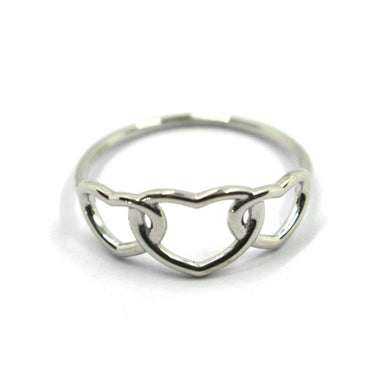 SOLID 18K WHITE GOLD BAND RING, THREE HEARTS, WIRE HEARTS TRILOGY, MADE IN ITALY.