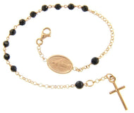 18k rose gold rosary bracelet, 3-4mm onyx spheres, Cross & miraculous medal.