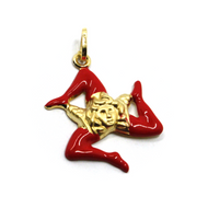 18k yellow gold pendant, rounded trinacria 25mm, excavated back, red enamel.
