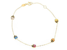 Load image into Gallery viewer, 18k yellow gold rolo bracelet, with 5 rounded puffed 5mm enamel ladybugs, 7.1&quot;.
