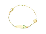 18k yellow gold kid child bracelet enamel four leaf rolo chain engraving plate.