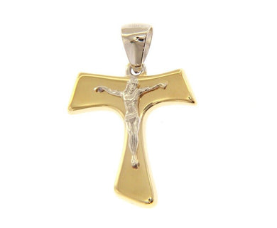 18k yellow white gold 22mm cross Franciscan tau tao Jesus Saint Francis pendant.